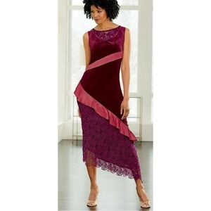 Ashro Women's Lace And Velvet Bias Cut Midi Dress Size 26W Berry Wedding Guest‎